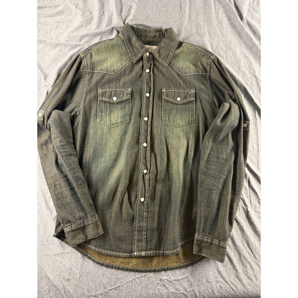 Ditch Plains Mens M Western Denim Shirt Pearl Snap Distressed Faded Cowboy